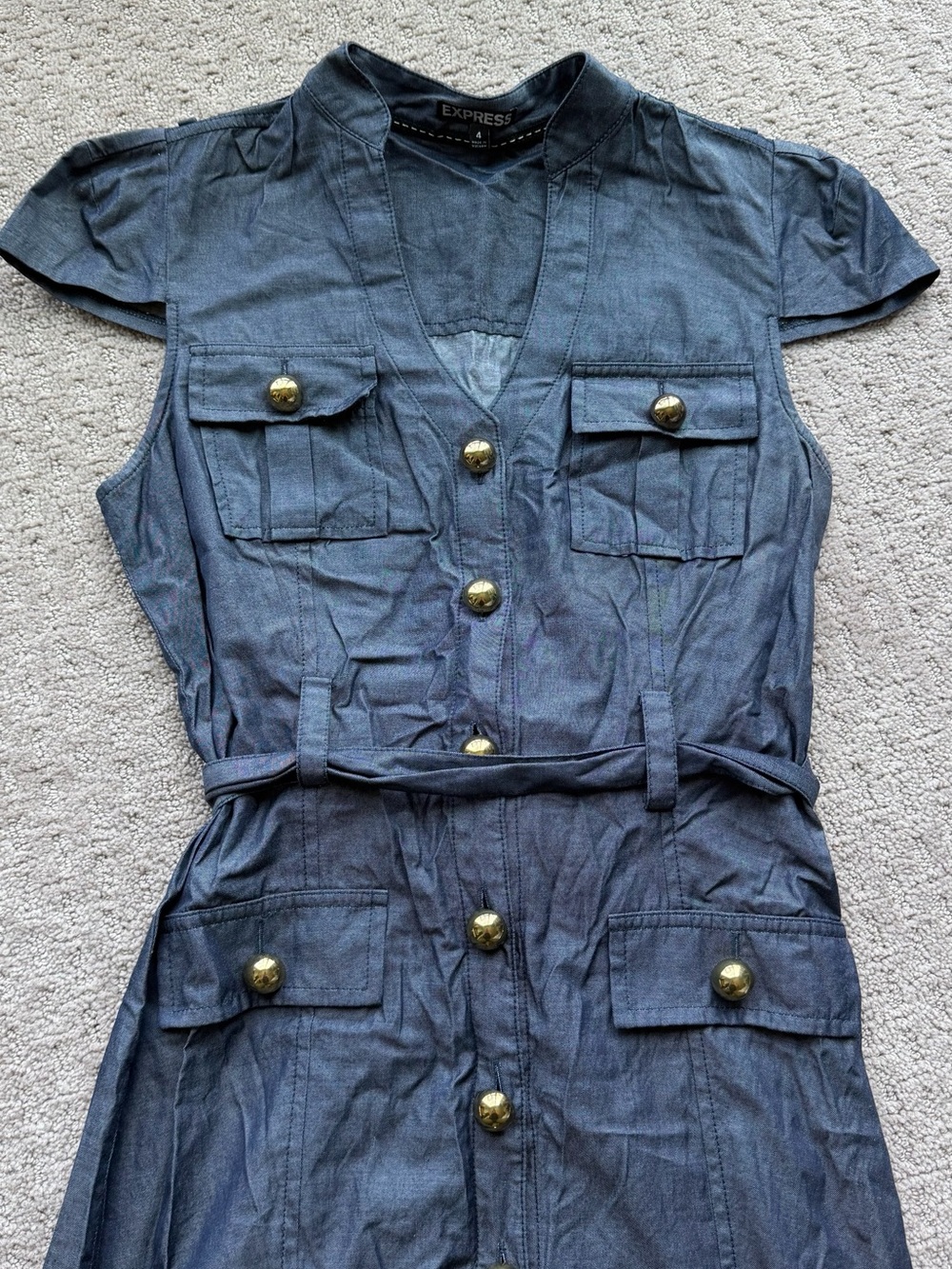 Express Dark Blue Denim Utility Dress with Gold Buttons